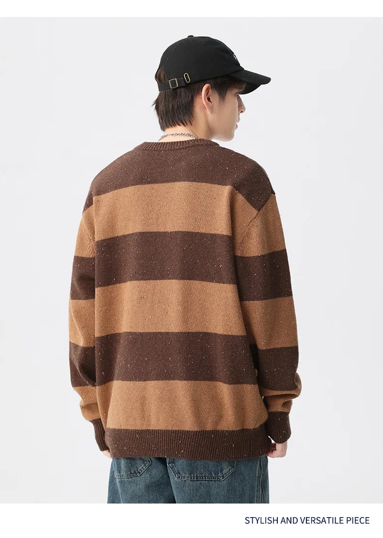 Autumn Winter Design Stripes Splicing Color Collision Round Collar Pullover Sweater Men Loose Warm Knit Sweater