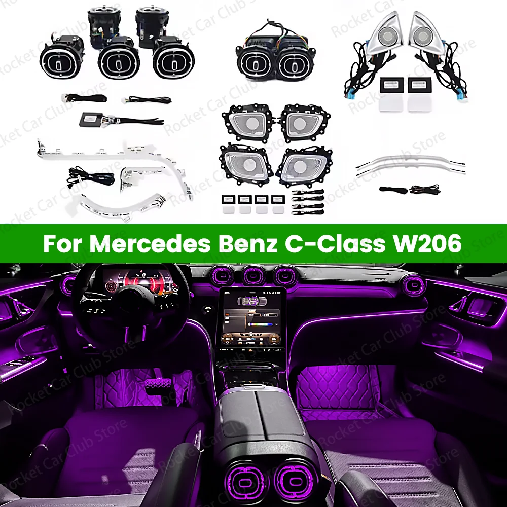 

For Mercedes Benz C-Class W206 2022+ Car Luminous Cover 4D Speaker 64 Color New LED Air Vents Conditioning Nozzle Ambient Light