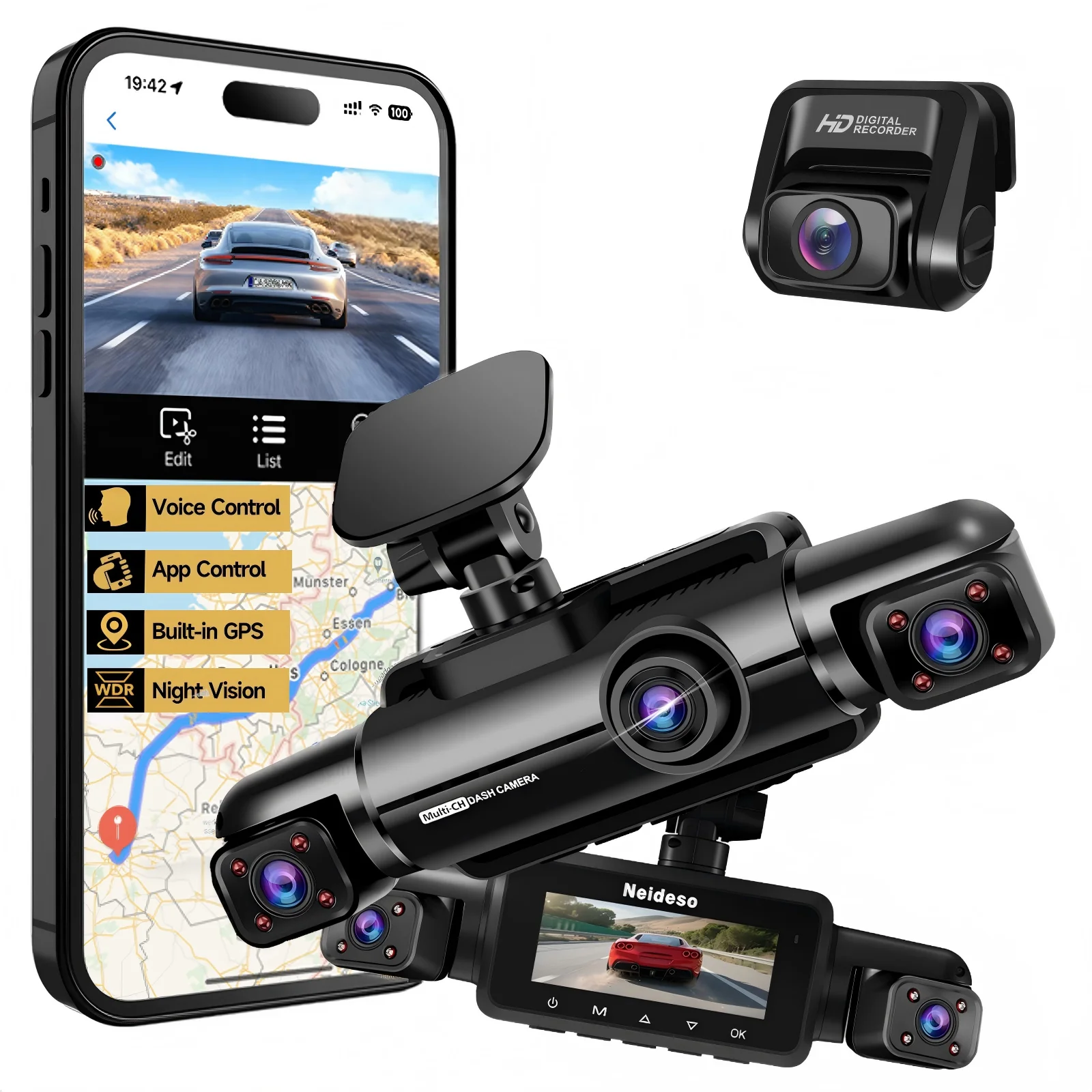 HUPEJOS V60-4CH 4K+1080P Dash Cam,Super Night Vision, Voice Control, Built-in 5GHz WiFi & GPS, 24H Parking Mode Car DVR