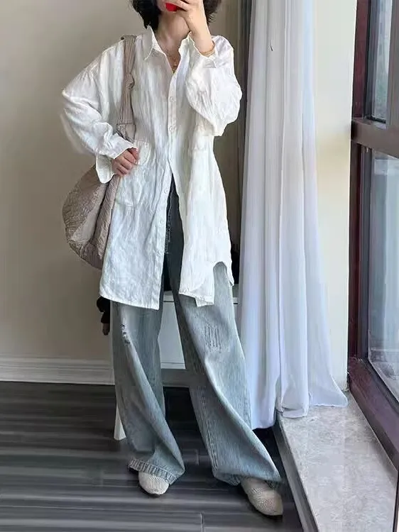 Camisa Casual Blanca de Lino para Mujer, Cárdigan Abierto Holgado de Longitud Media, Top Versátil y Cómodo de Manga Larga para Otoño