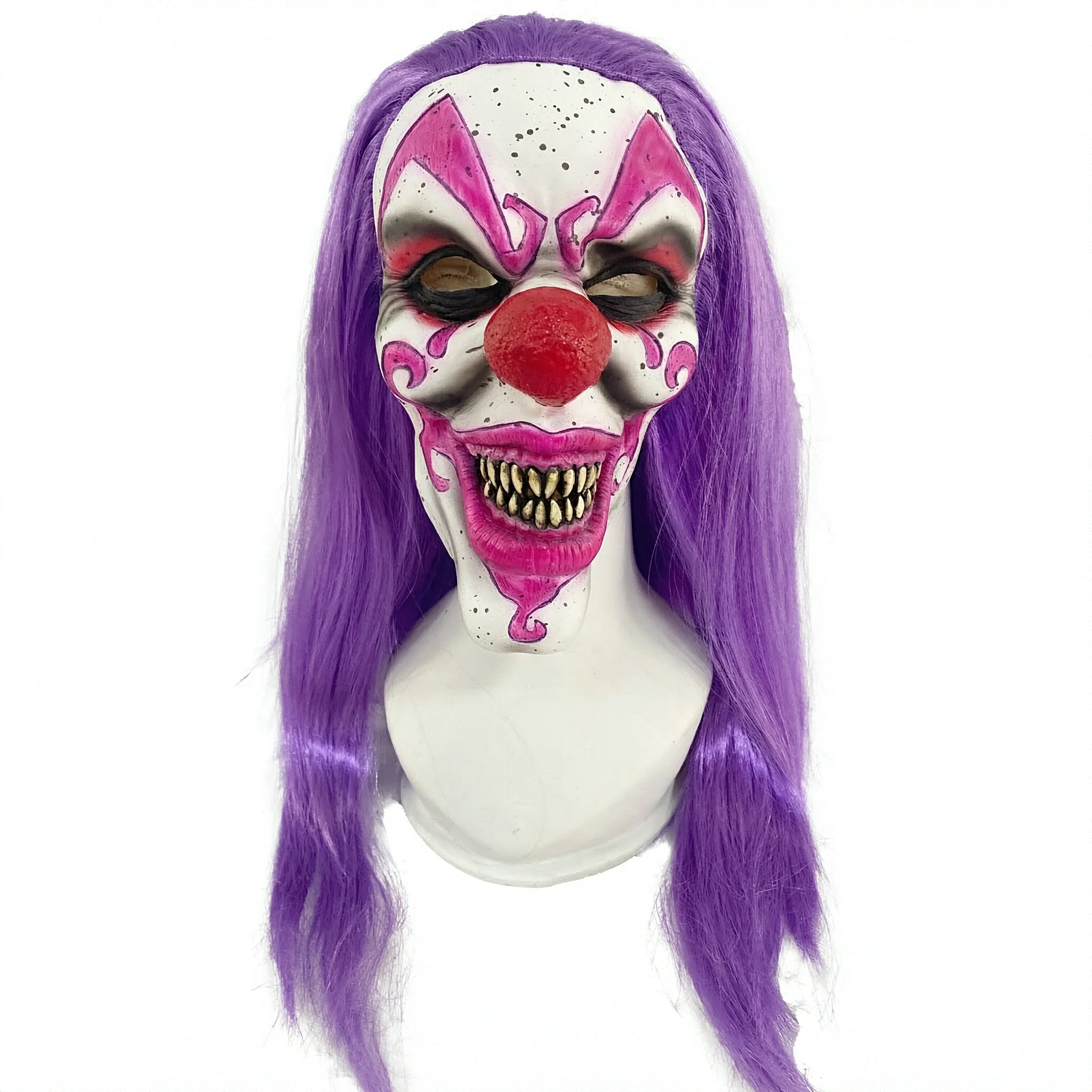 Halloween Scary Clown Full‑Head Latex Mask with Long Purple Wig, Red Nose & Sharp Fangs for Cos Haunted House Theme Party