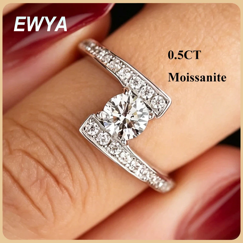 

EWYA New In GRA Certified D Color 0.5CT 5mm Moissanite Diamond Rings For Women Party Fine Jewelry S925 Sterling Silver Ring Band