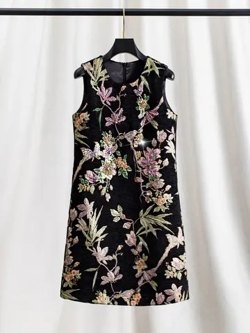 Newwomen's Black Heavy Beaded Sleeveless Round Neck Embroidered Jacquard Vest Dress Spring Autumn Casual Vintage Streetwear Chic