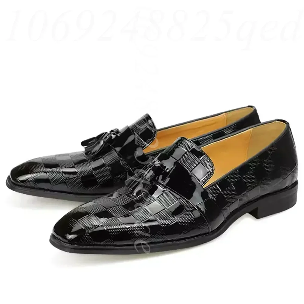 Men's Black Checkered Patent Leather Tassel Loafers Glossy Checkerboard Pattern Slip-On Dress Shoes for Formal Stylish Occasions