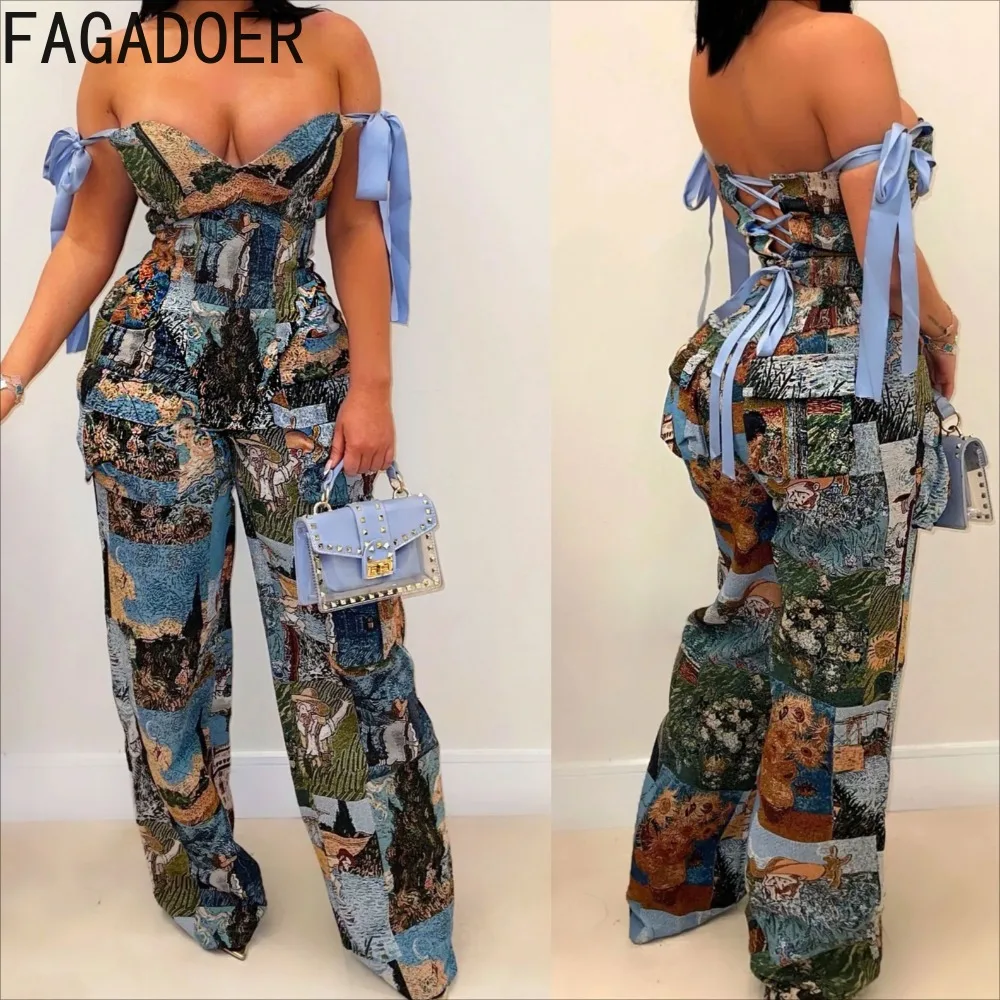 FAGADOER Oil Painting Print 2 Piece Sets Women Outfit Fashion Tube Bandage Top And Straight Pants Suits Streetwear Bottoms New