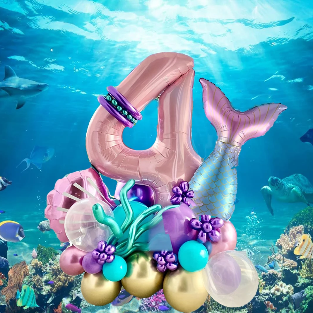 24pcs Mermaid Tail Baby Powder Digital Aluminum Balloon Set Mermaid Theme Birthday Party Wedding Decoration