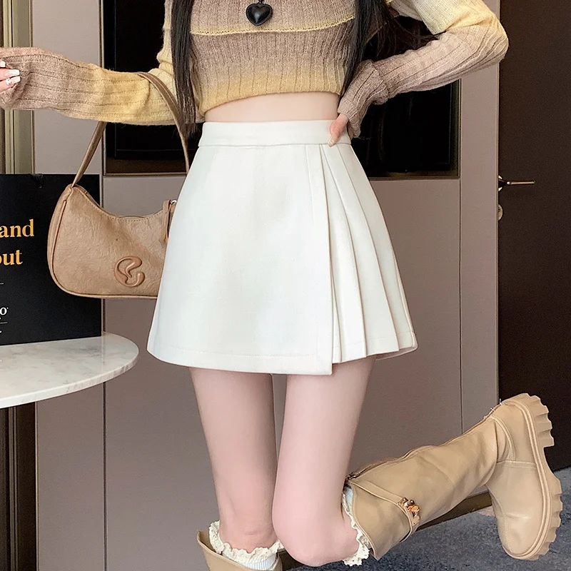 Jupe asymétrique taille haute en laine pour femme, automne-hiver, jupe plissée trapèze à enrouler, style décontracté pour le travail