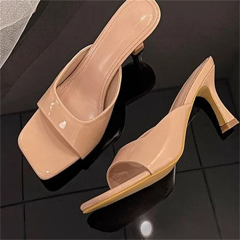 

Sewing Lines Shoes For Women Square Toes Ladies Front Strap High Heels Female Slippers Tacones Patent Leather Chassure Femme