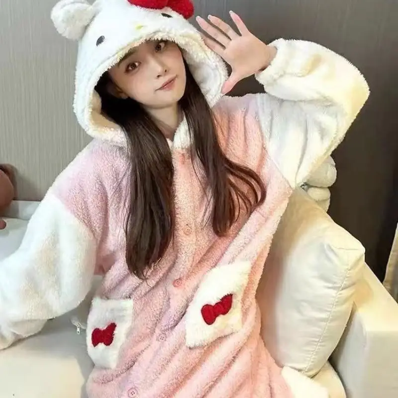 Hot Sanrio Girl Thickening Hooded Winter Robe Bath Skirt Kawaii Hello Kitty Comic Student Keep Warm Sleeping Skirt Leisure Wear