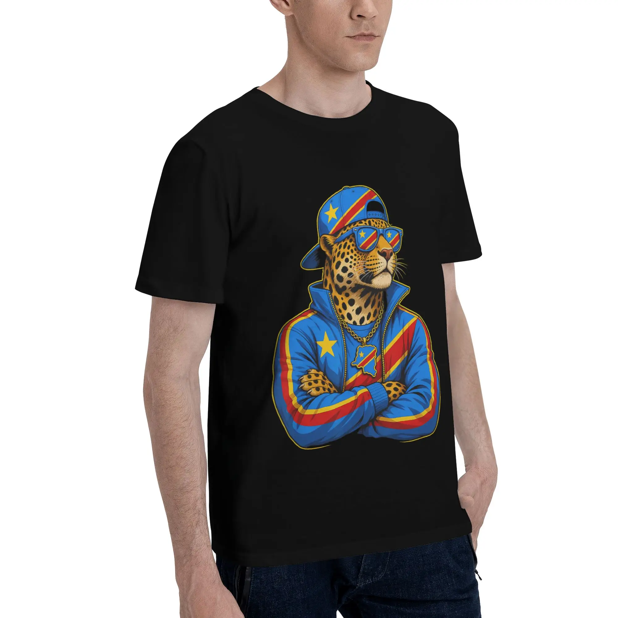 DR Congo National Pride Leopard Flag Men T-Shirt Clothes  Leisure Tees Short Sleeve fugees Cotton