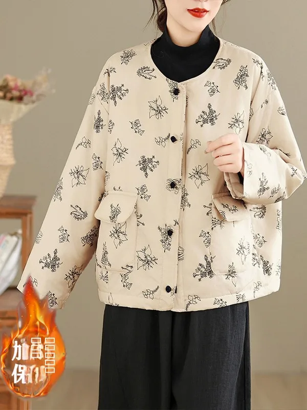 

Thiened Cotton Jaet Women's Winter Warm Sand Waed Liner Cotton Coat Retro Button up Coat Straight Cut Korean Sle