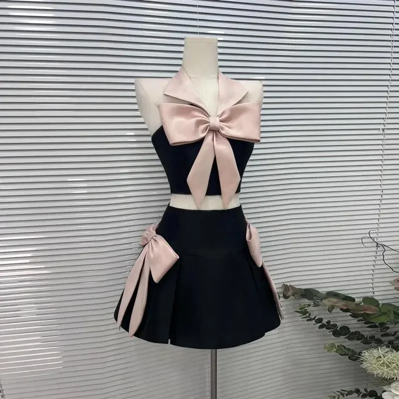 

Sweet Hot Girl Pure Sexy Suit Women's Summer Strapless Bow Top High Waist A-line Skirt Two-piece Set Fashion Female Clothes