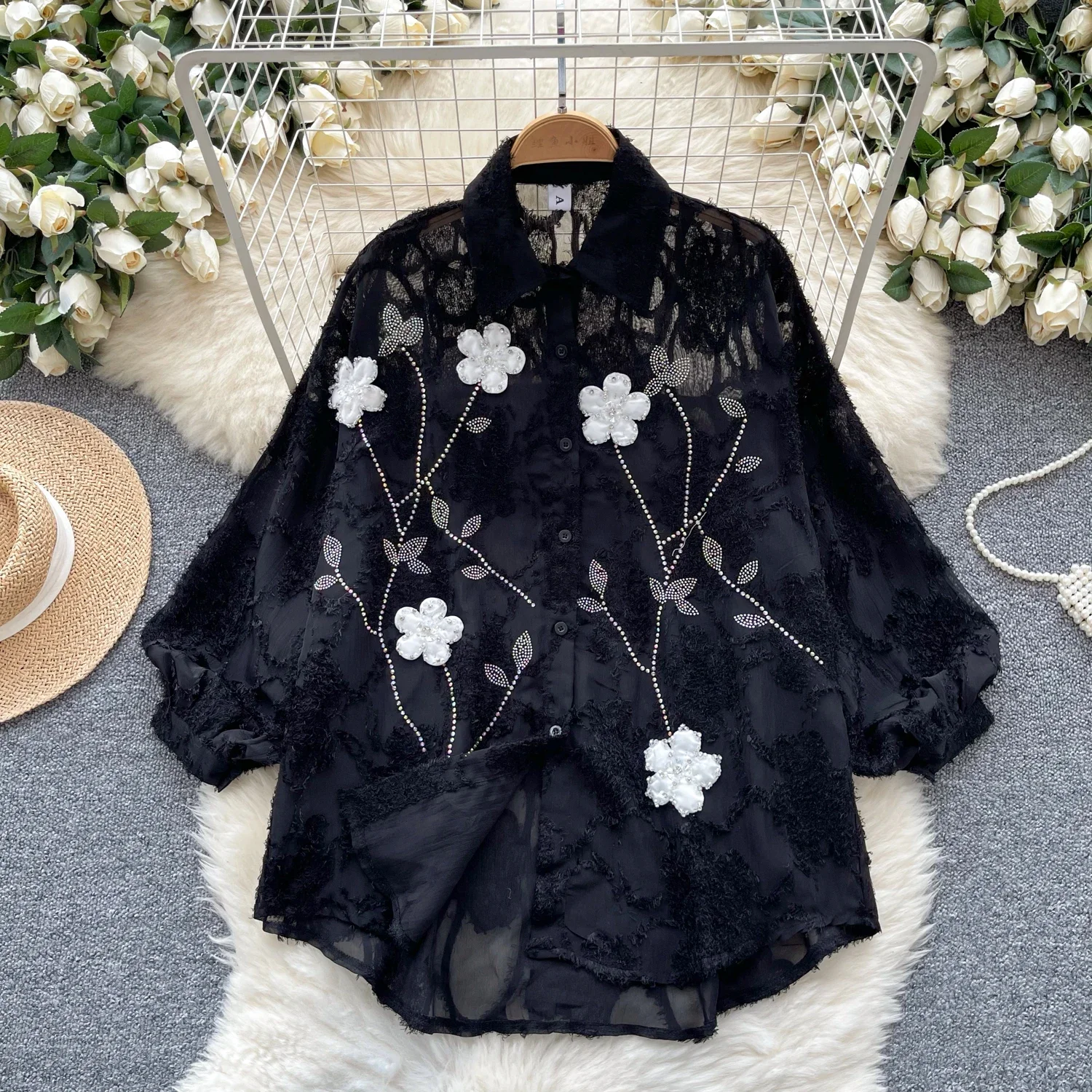 Vintage Turn-down Collar Embroidered Chic Rhinestone Three-dimensional Floral Top Women Streetwear High Street Autumn Blouse