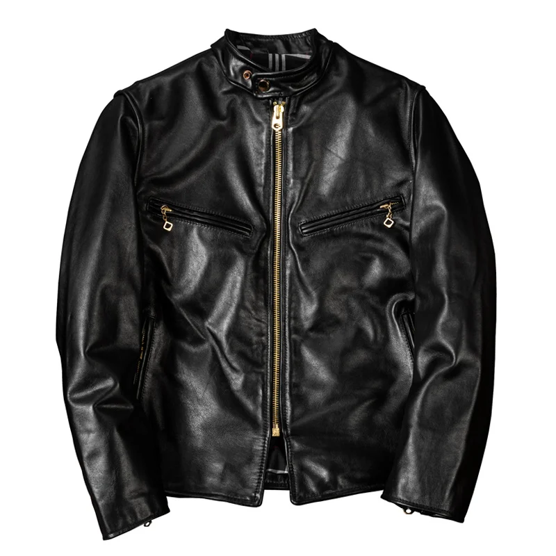 Jacket Horsehide Leather Top layer Classical Men Leather Jacket Black Slim fit Fashion Stand Collar Horsehide Classic Jacket