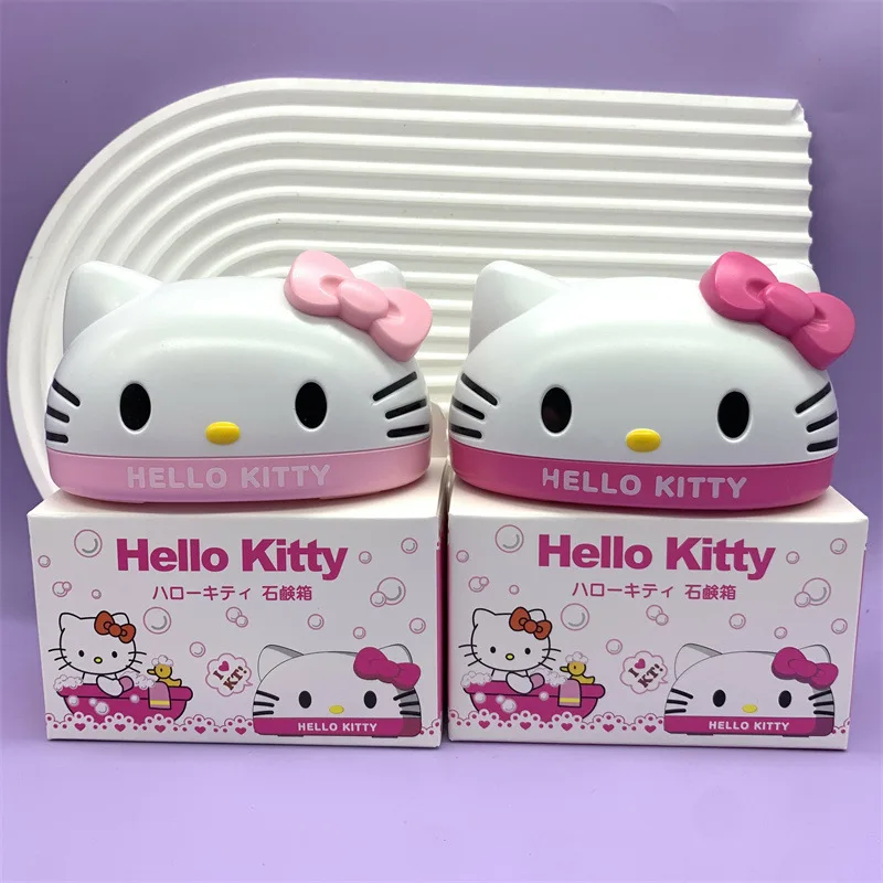 Caja de jabón Kawaii Kuromi Hello Kitty Melody, Linda figura de Sanrio, soporte de jabón de baño, escurridor con cubierta, juguete de corazón para