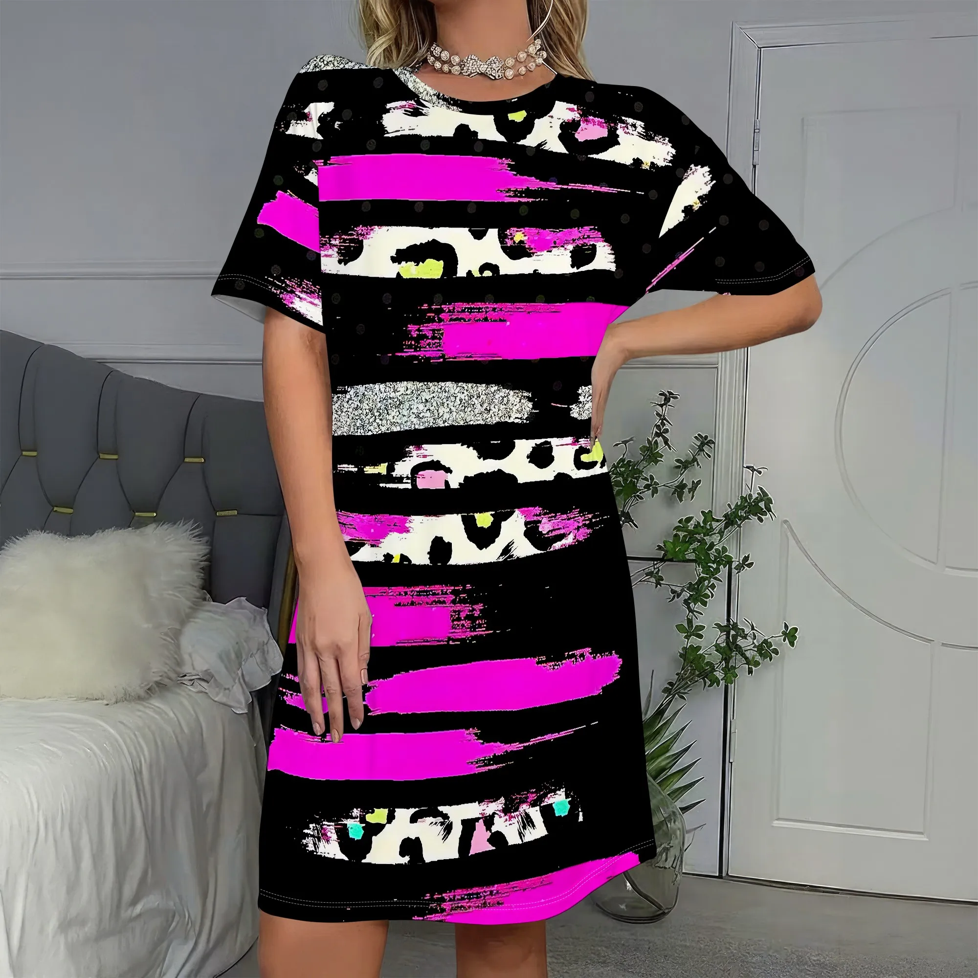 

Bold Brushstroke Dress, Pink Leopard Print Mini Dress, Abstract Art Fashion, Summer Casual Wear for Women, S-2XL