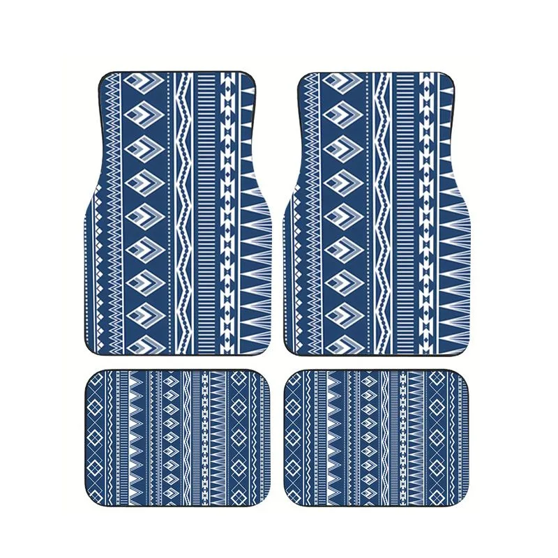 

4pcs Navy Blue Tribal Geometric Printed Car Floor Mats Universal Anti-slip Foot Carpets