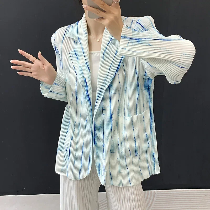 

Женский пиджак с плиссировкой тай-дай, полосатый принт, дизайн с лацканами, однобортный модный пиджак, осень 202, женская одежда
