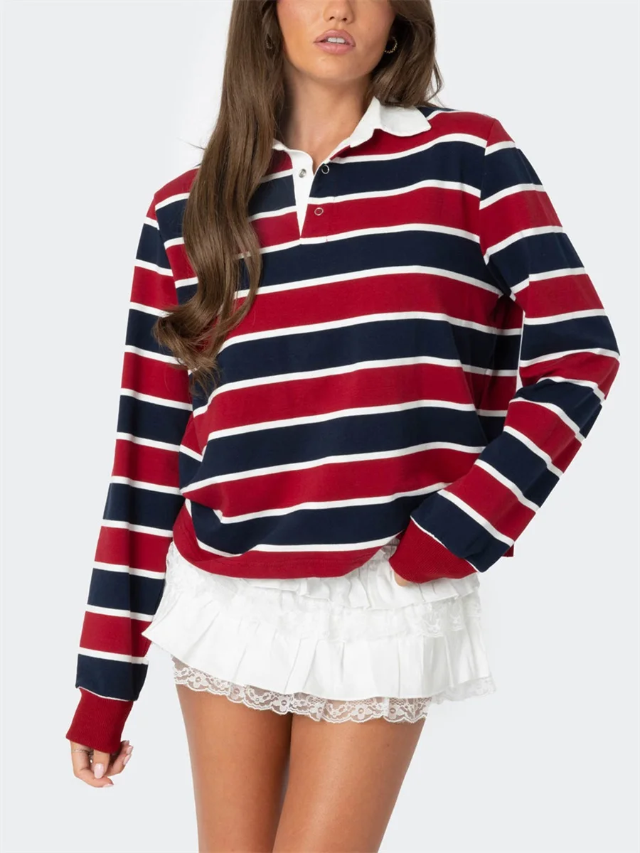 Women s Striped Sweatshirt Contrast Color Long Sleeve Lapel Neck Button-up Casual Tops