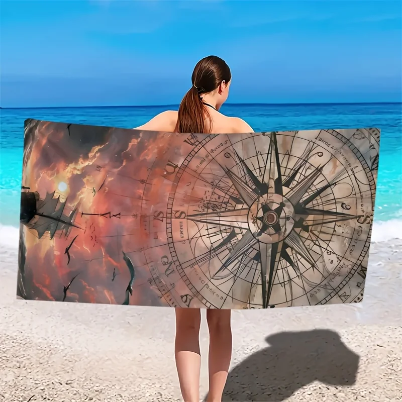 Marine Exploration Compass Design polyester microfiber beach towel is highly absorbent, suitable for swimming and beach outings