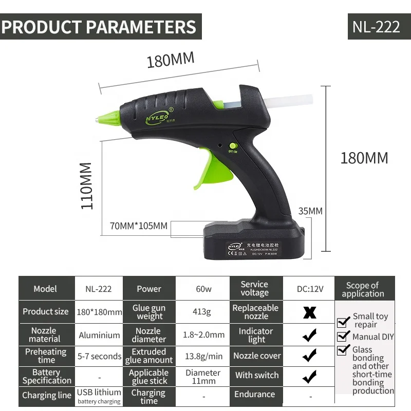 60W 12V DC Cordless Hot Glue Gun With Li Battery 10.8-11.5mm DIY Grade Glue Sticks