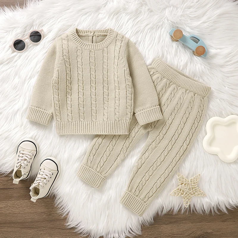 Baby Clothes Set Fahion Knit Fall Newborn Girls Boy Long Sleeve Pullover Pants 2PC Striped Warm Infant Sweater Trousers Leggings