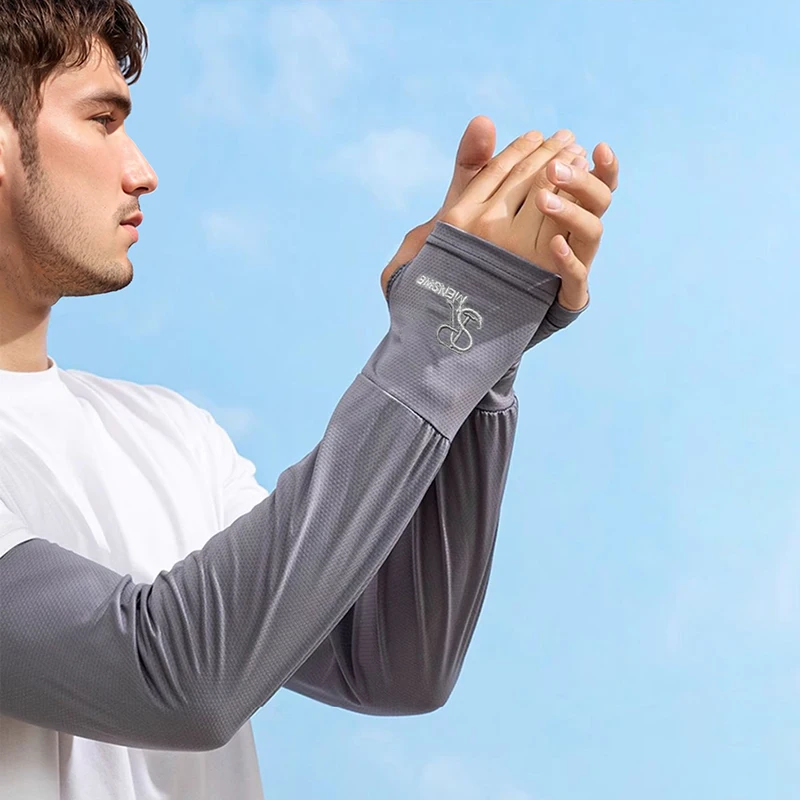 Mangas de hielo con protección solar para verano, protección UV Unisex, mangas de brazo bordadas a la moda para conducir al aire libre con orificio para el pulgar