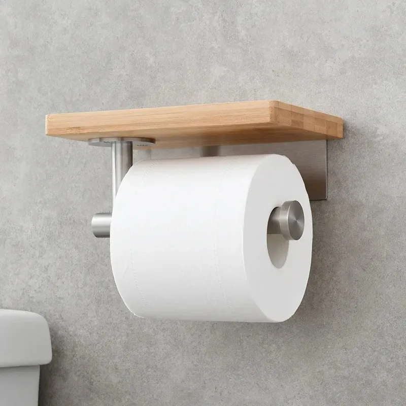 Everbright Store No-drill Stainless Steel Paper Roll Holder, Solid Wood Storage Wall-mounted Tissue Holder  Bathroom and Toilet
