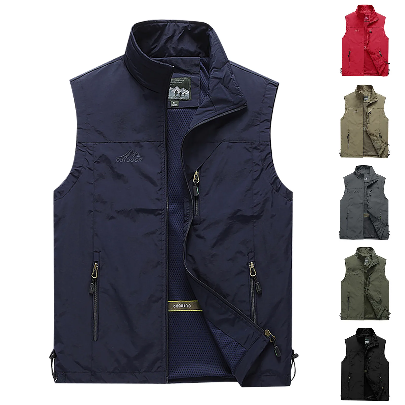 Men Drawstring Waistcoat Outdoor Casual Fishing Solid Color Straight Zipper Vests Loose Large Size Breathable Quick-Drying Vests