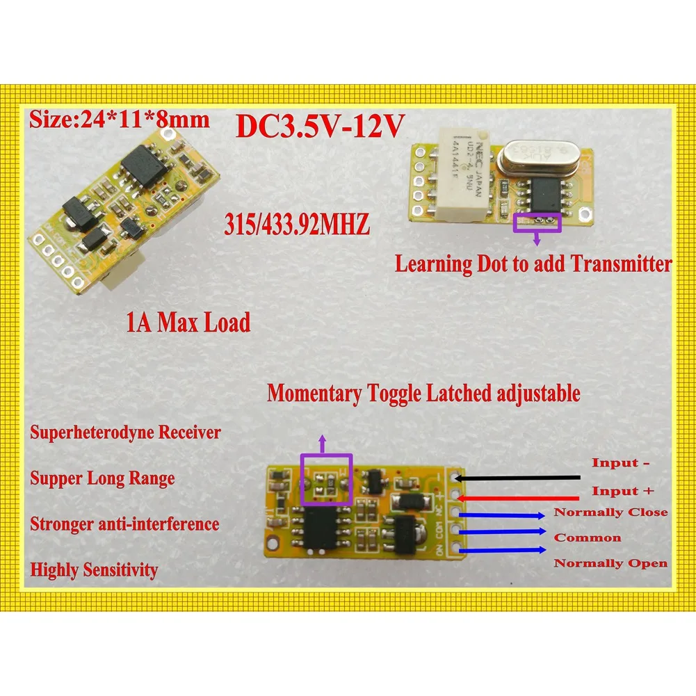 Pequeño interruptor remoto RF de 433MHZ, 4,2 V, 4,5 V, 5V, 6V, 7,4 V, 9V, 12V, pequeño interruptor inalámbrico de contacto de relé, NO COM NC