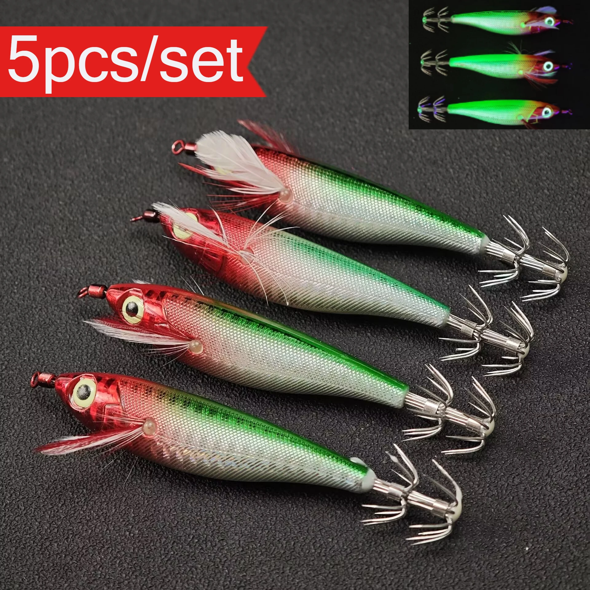 5 Stück/Set 10cm/9g Leuchtender Garnelen-Tintenfisch-Jig-Haken Garnelen-Kalmar-Köder Angelköder