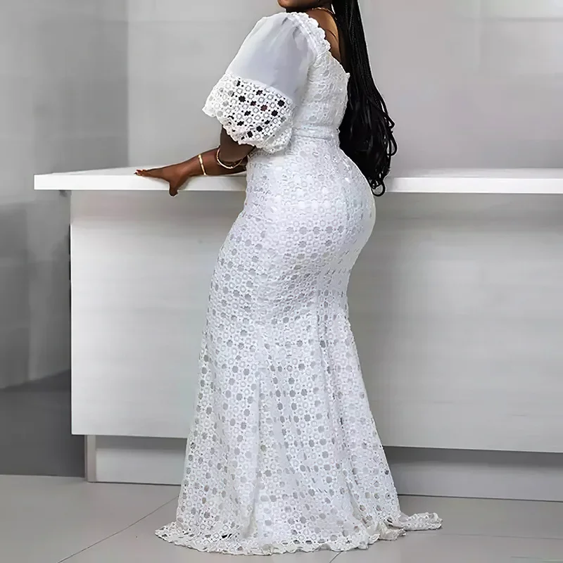 

African Lace Mesh Party Dresses For Women 2023 Elegant Robe Africa Clothing Evening White Mesh Puff Sleeve Maxi Dress Wedding