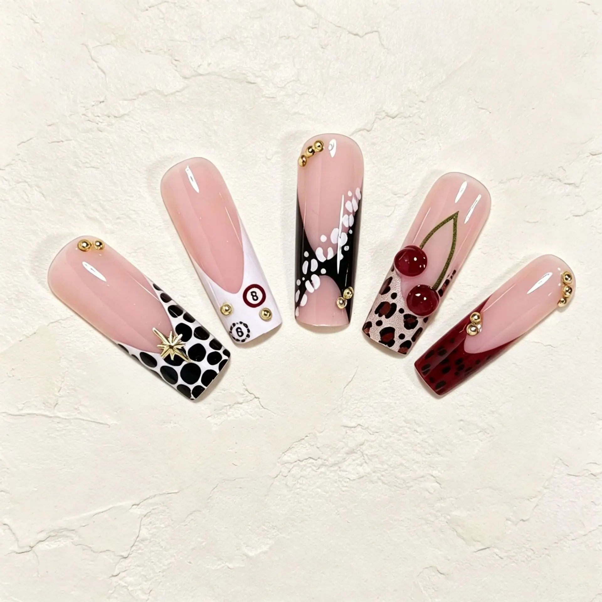 24pcs Long Coffin French Press On Nails Leopard Print 3D Cherry Fake Nail 8 Ball Gold Bead Y2K False Nail for Women&Girl