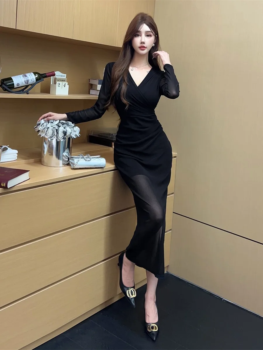 

Ele Pure Desire Long Sve V-Ne Dr Women's High Waist Slimming High Slit Sexy Long Dr Spring Autumn Winter Unive...