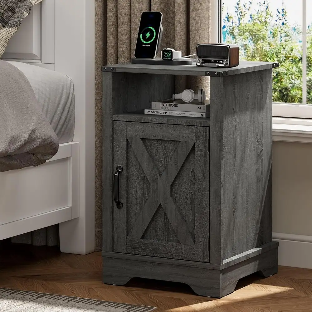 

armhouse End Table with Charging Station Wooden Rustic Nightstands with Storage Cabinet and Shel or Bedroom, Living Room, Living