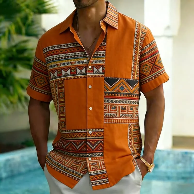 Men's Fashion Ethnic Print Short Sleeve Button Down Shirt Trendy Summer Style For Vacation Party Gathering Daily Commute