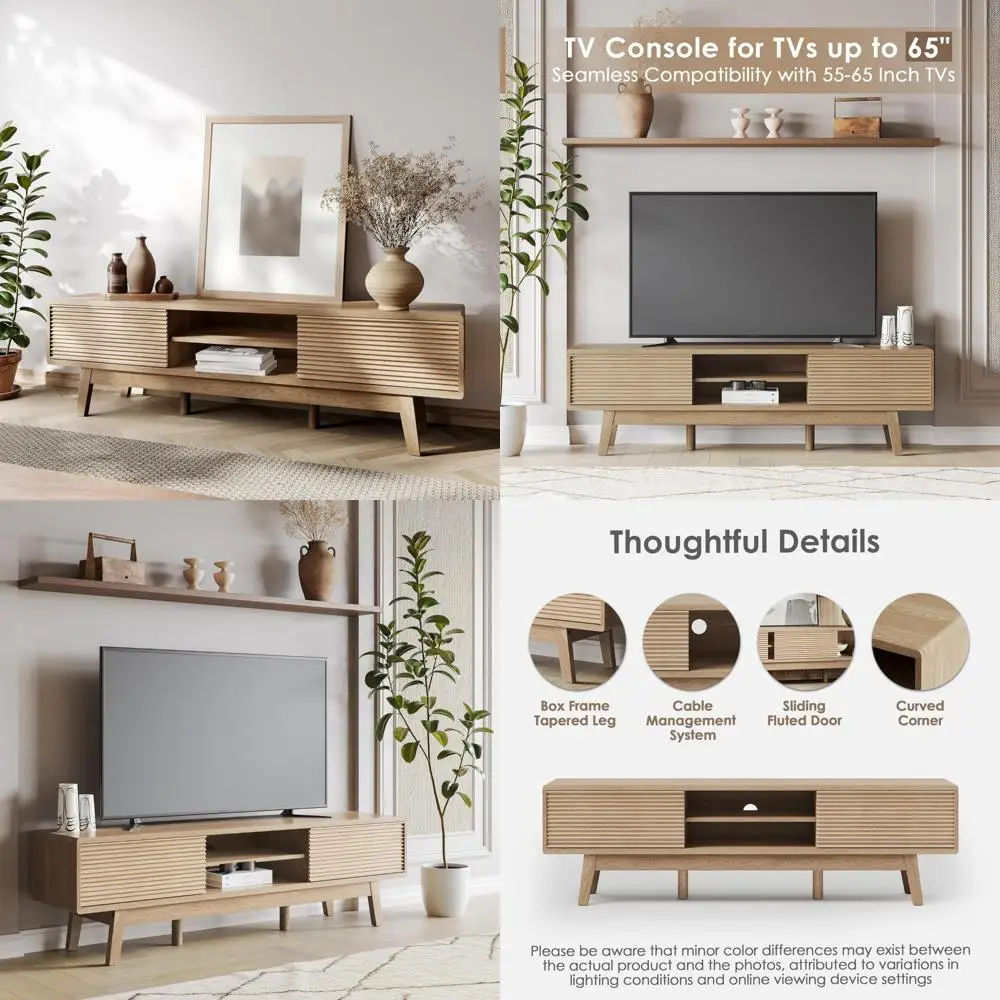 Mid Century Modern Low Profile TV Stand for 55-65 Inch TVs, Sliding Door Media Console with Fluted Design, Bohemian Style Entert