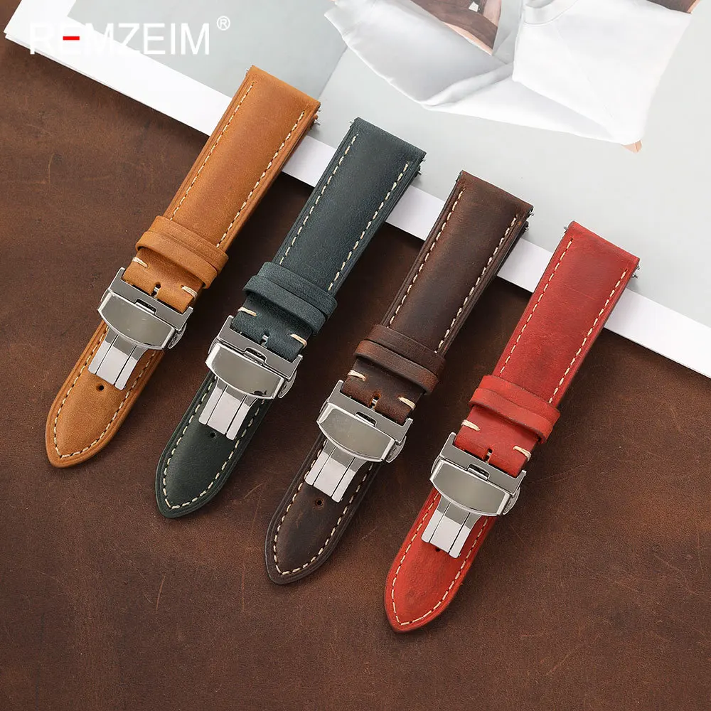 Premium Vintage Crazy Horse Leather Watch Strap for Men Quick-Release Butterfly Deployment Buckle 18/20/22mm Sizes