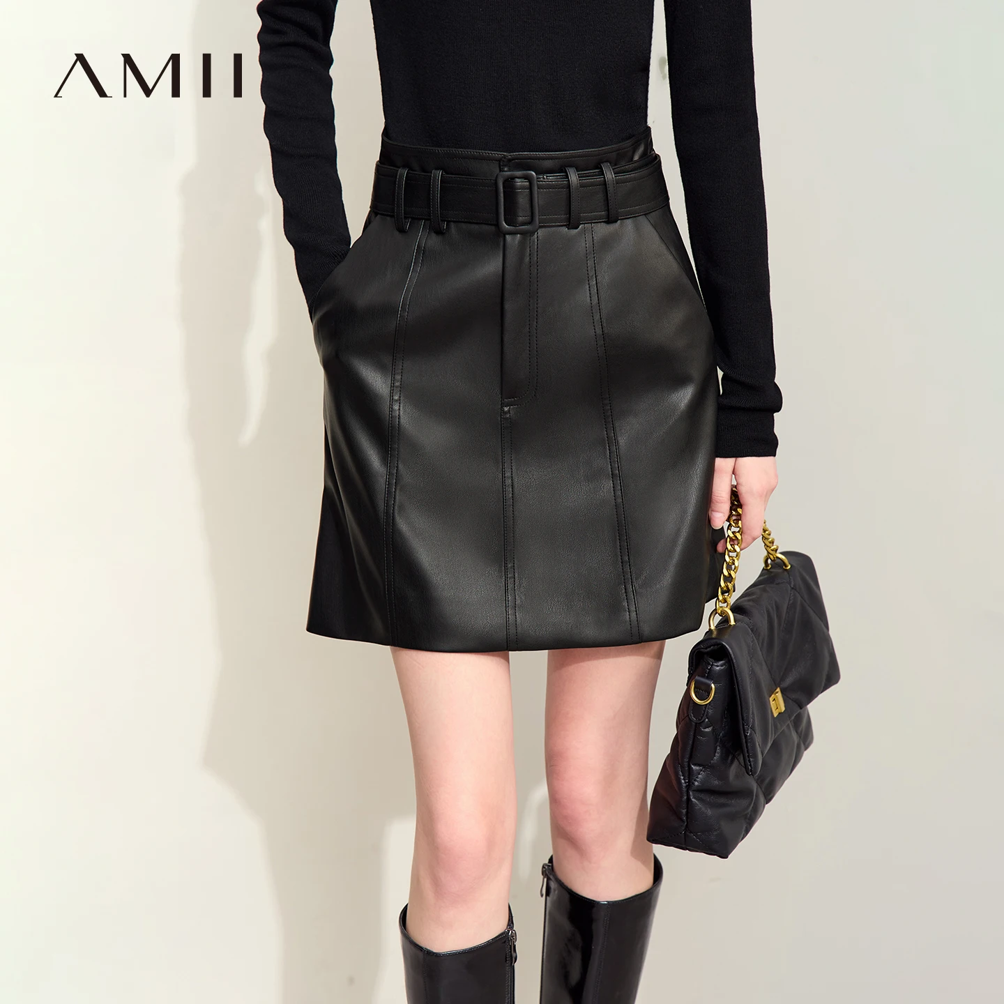 Amii Faux Leather Mini Skirt with Belt Vintage High Waist Loose Fit Slimming Commuter 2026 Autumn Skirts Women Clothes 12643123