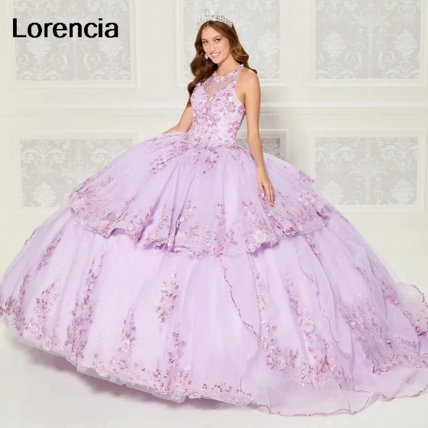 

Lorencia Shiny Lavander Quinceanera Dress Ball Gown Lace Applique Beads Sequin Layers Tiered Sweet 16 Vestidos De 15 Años YQD725