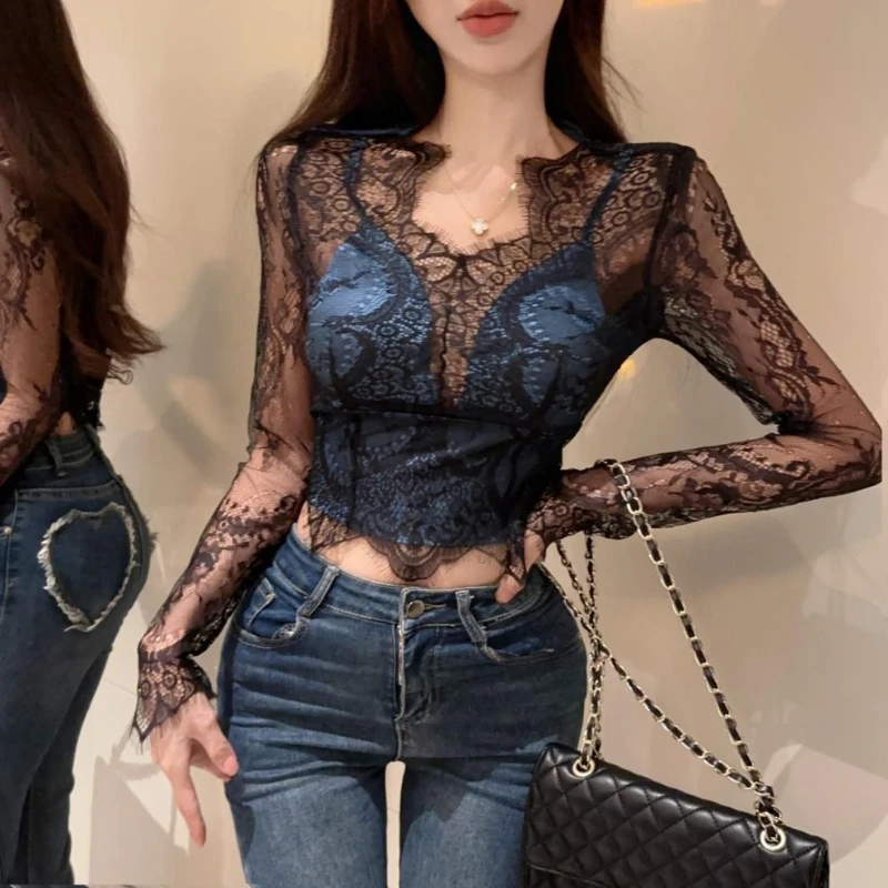 T-shirts Women Lace Design Sexy Hollow Out All-match Shinny Hotsweat Fashion European Style All-match Breathable Youthful Cozy