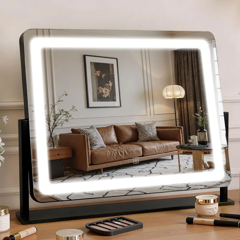 

Зеркало для макияжа LED 22x17 дюймов с 3-цветной сенсорной подсветкой, регулируемой яркостью, поворотное на 360° ° Поворотное HD-зеркало для макияжа, черное, настольное.