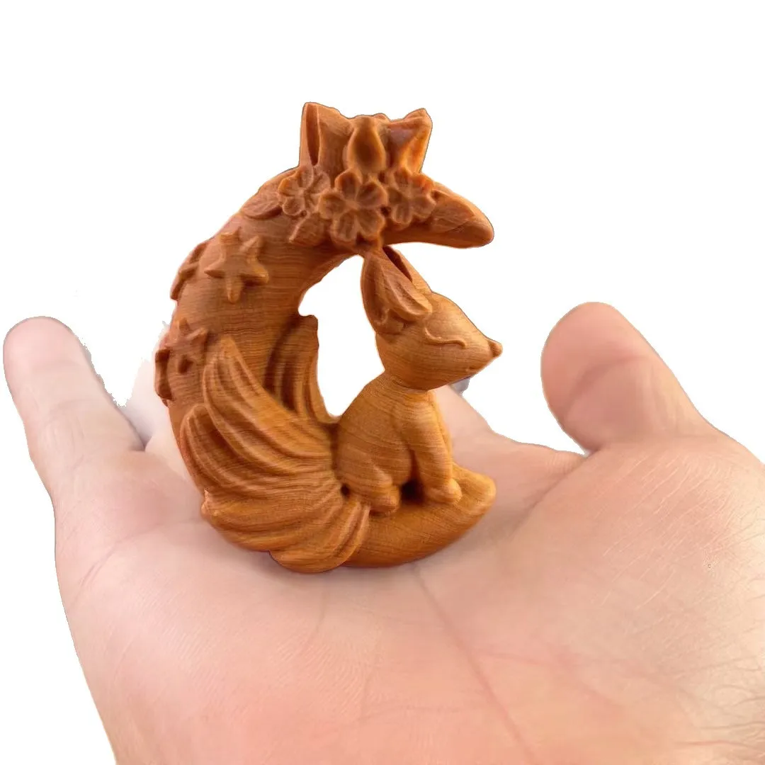 Nine‑Tailed Fox Figurine, Solid Wood Hand Piece & Hanging Ornament Animal Craft,  Home Desktop Decor Collectible Gift
