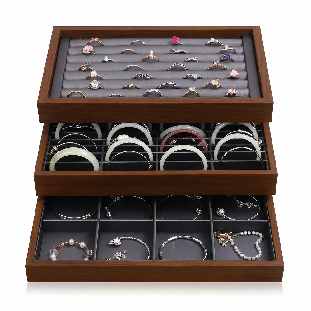 

Stackable Walnut Wood Grain Jewelry Tray with PU Liner Multi-grid Organizer for Rings Bracelets Necklaces Storage Display Box