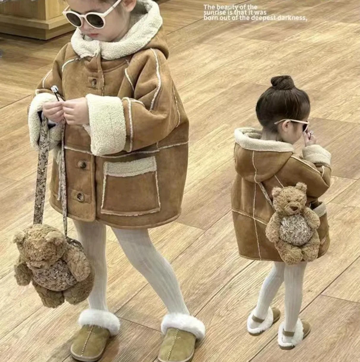 New Korean Kids Maillard Coat Double Sided Lamb Wool Fur Reversible Jacket Boys Girls Trendy Winter Outerwear