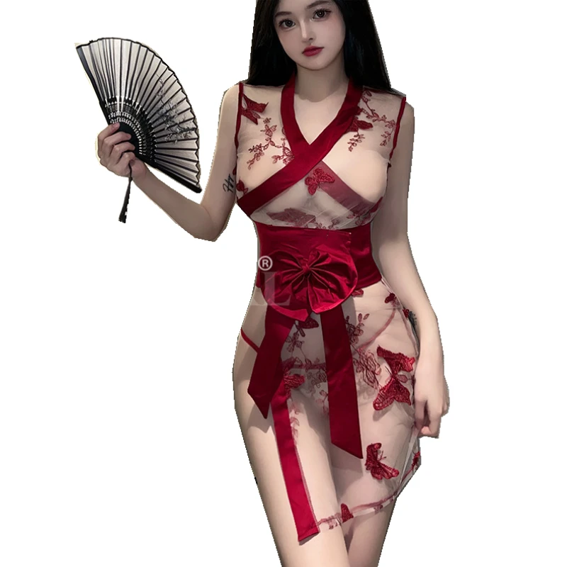 

Сексуальное кимоно-платье с бабочками, женское традиционное прозрачное мини-платье, японская мода, соблазнительный костюм для косплея