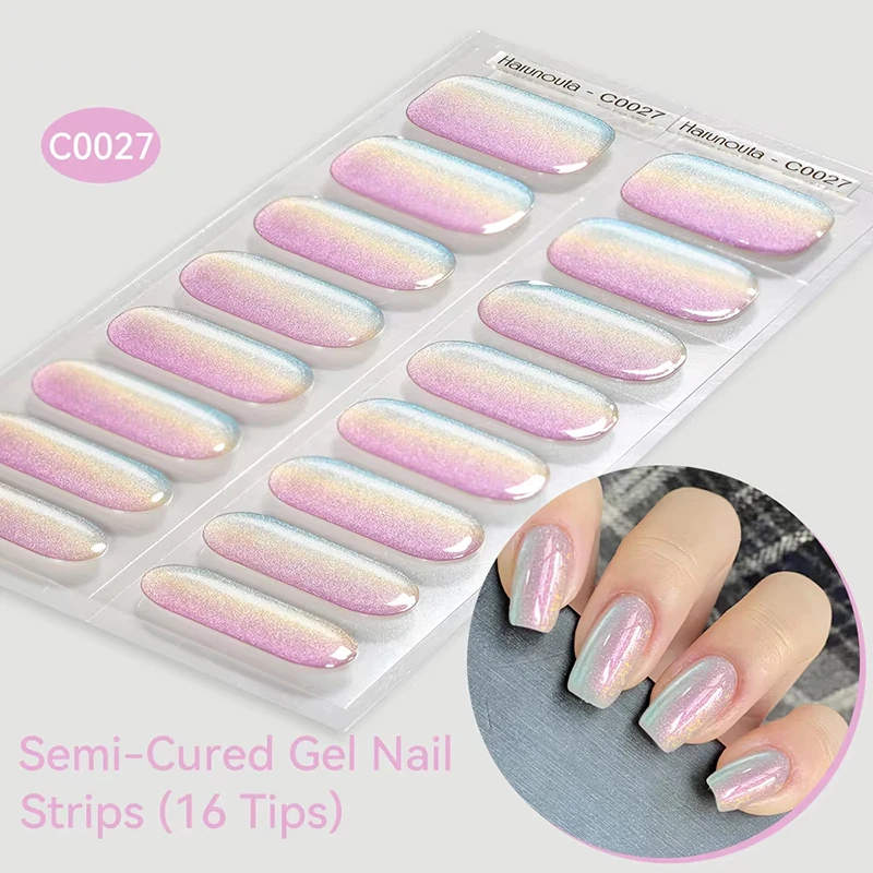 Gradient Auroras Semi Cured Gel Nail Strips Sparkly Shinning DIY Gel Polish Stickers for Nails Works with UV/LED Nail Lamps