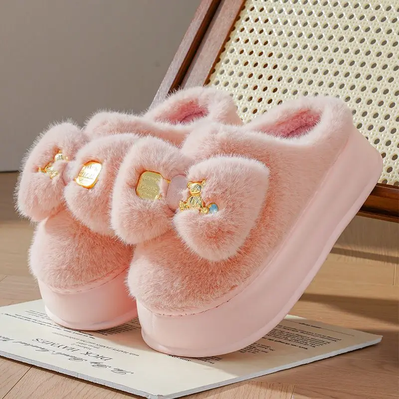 Zapatillas de zuecos rosas con chanclas de piel para mujer, pantuflas con lazo kawaii para interiores, pantuflas de casa esponjosas con plataforma