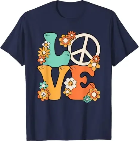 Cute Peace-Sign Print with Flowers Graphic Tee Sayings Outfits Peace Sign Love 60s 70s Costume Groovy Hippie Theme Party T-Shirt