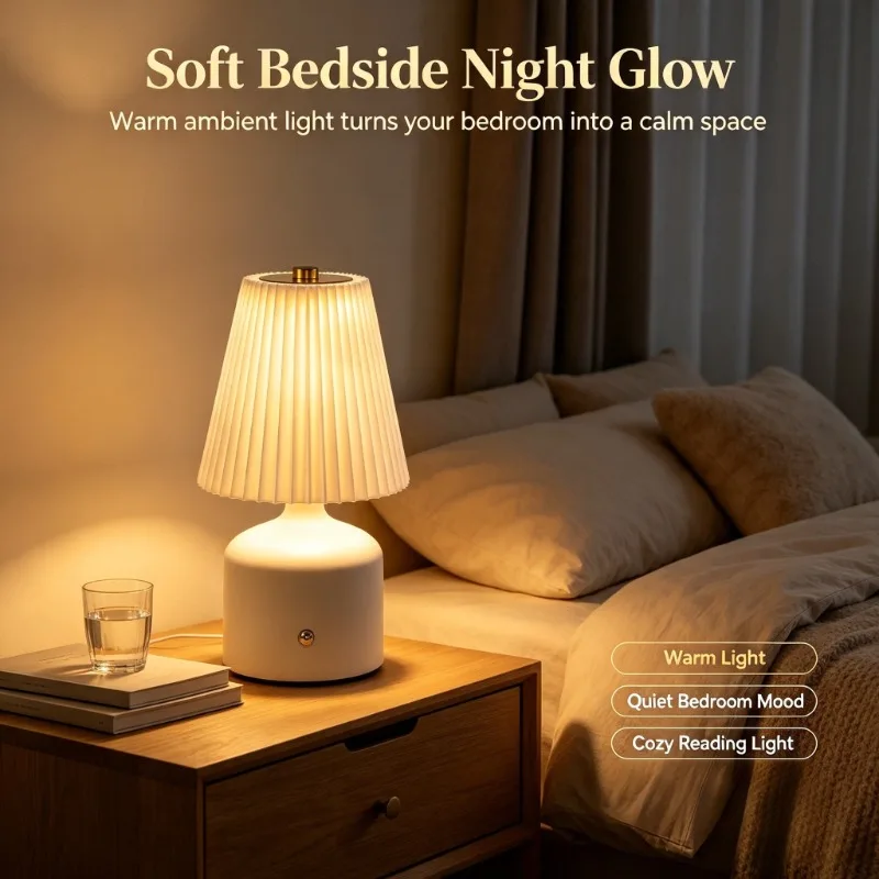 Rechargeable Fabric Shade Lamp, LED Portable Table Light with Pleated Design for Bedroom Living Room Hotel Decor